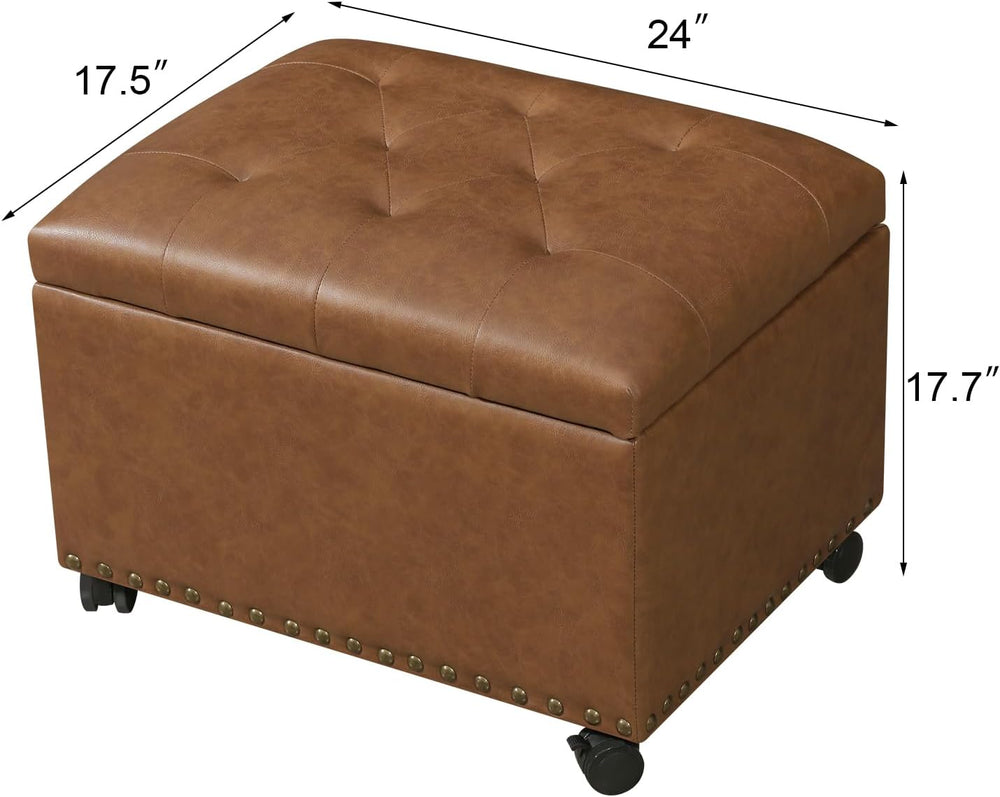 Leather Storage Ottoman,24’’Foot Rest Ottomans with Wheels and Hinged Lid Rec...
