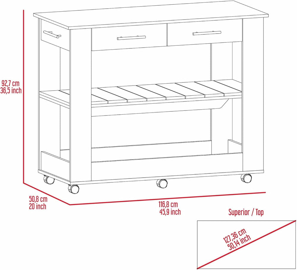 Kitchen Island with Drawers and Shelves, White/Light Oak | Includes two drawe...