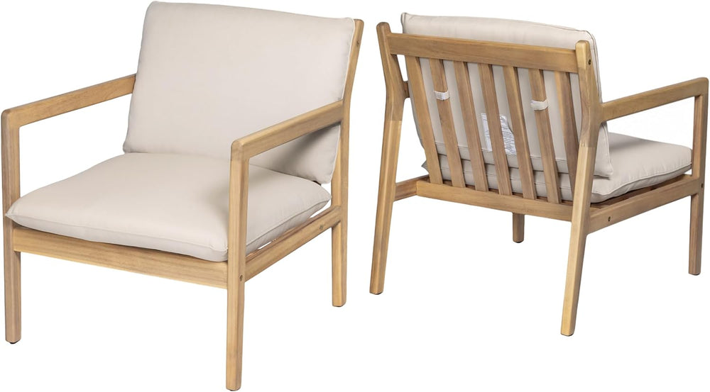 Elountik Acacia Wood Patio Club Chair Set of 2 with Cushions, Outdoor Armchai...