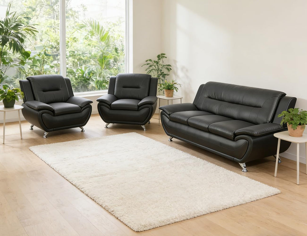 3 Piece Living Room Furniture Set, Contemporary Sectional Sofa Couches, Black...