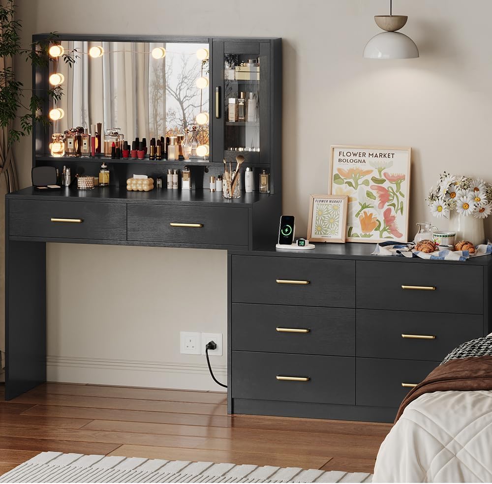 Makeup Desk with Drawers & Cabinet & Dresser, Black Vanity Table with...