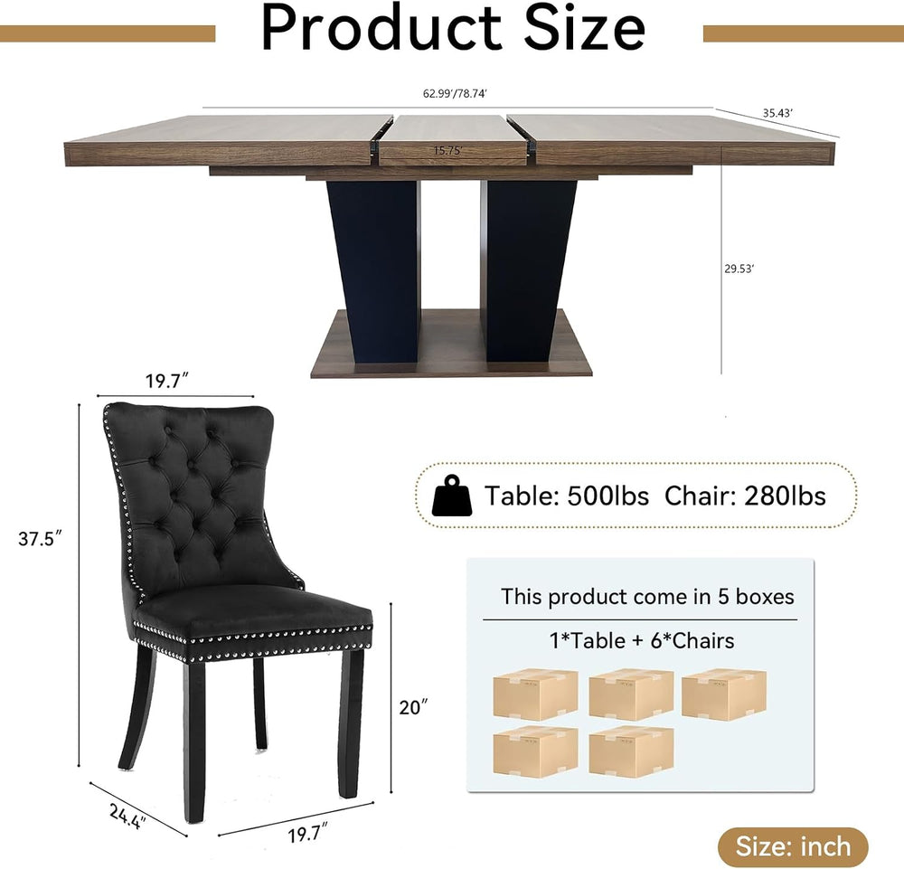 Extendable Dining Table Set for 6-8, 63"-78.7" Farmhosue Kitchen Ta...