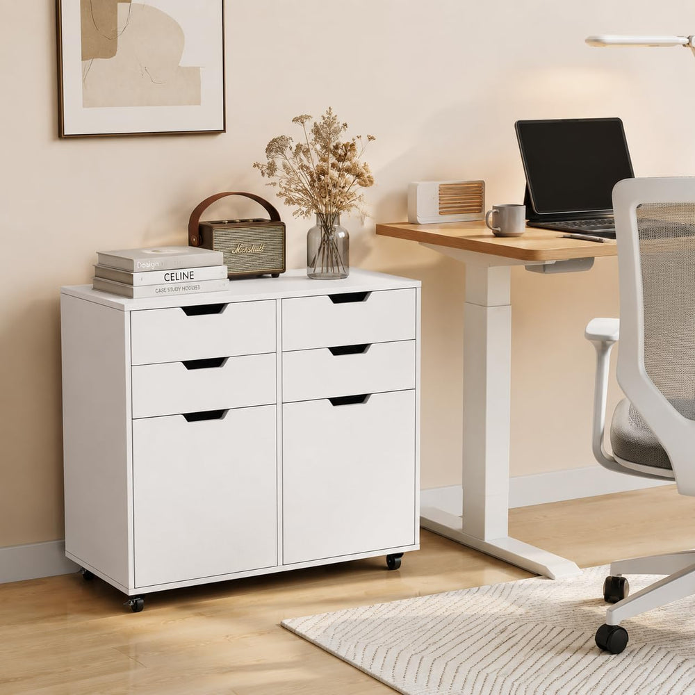POWERSTONE Mobile File Cabinet with 4 Drawers & 2 Door, Rolling Under Des...