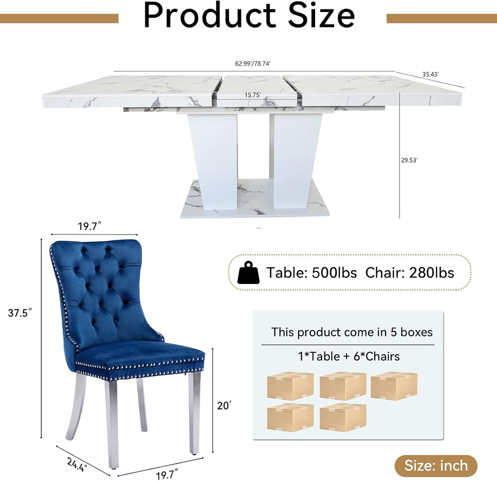 Faux Marble Extendable Dining Table Set for 6, Modern White Kitchen Table Set...