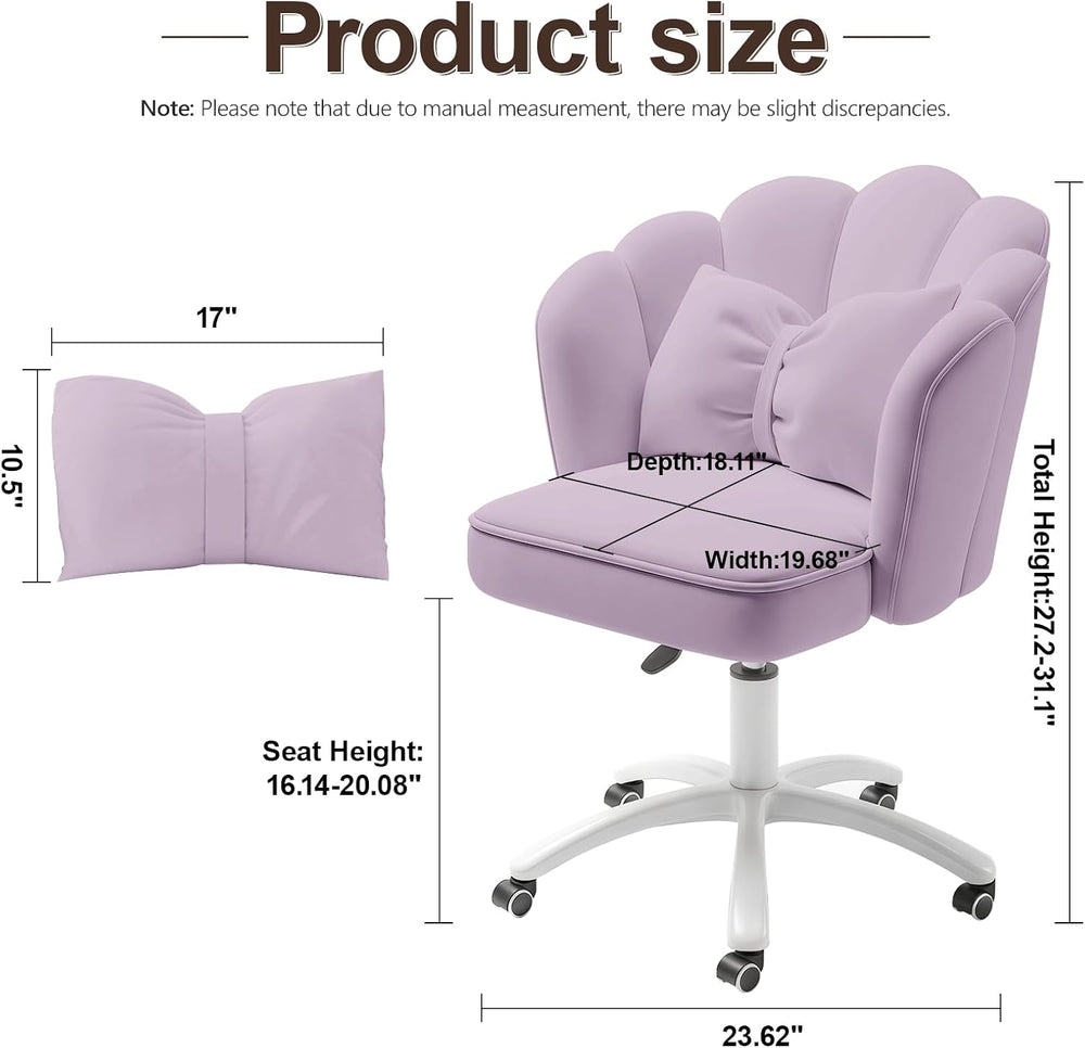 Petal Desk Chair with Bow Cushion Velvet Vanity Chair with Wheels, Upholstere...