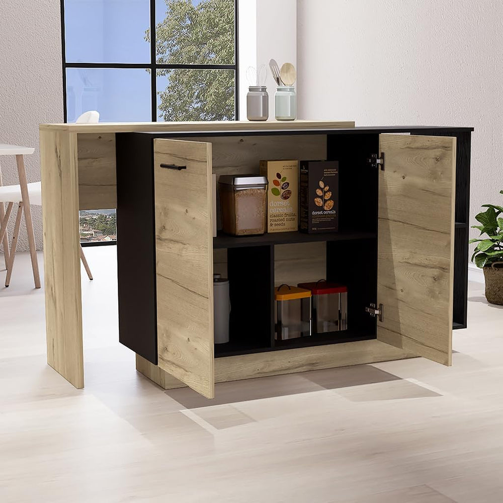 Kitchen Island with Double Doors and Three Shelves in Black | Includes two ex...