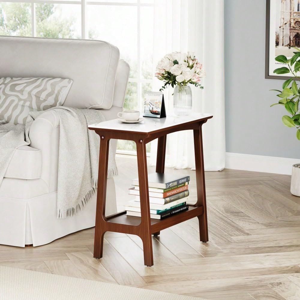 Retro Reddish Brown End Table, Narrow Side Table with Storage Shelf for Small...