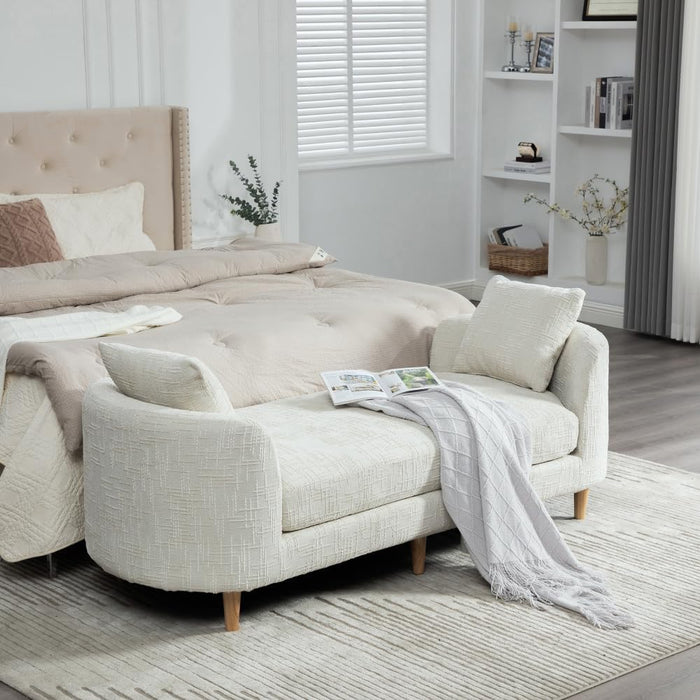 77.2" Chenille End of Bed Bench Chaise Lounge, Upholstered Bedroom Bench with Arms & Bolster Pillows, Rubberwood Legs for Living Room Apartment Guest Room (77.2", Beige)