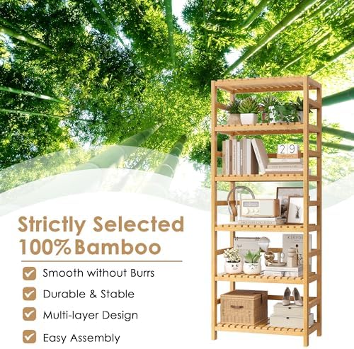 FOTOSOK 6-Tier Bamboo Shelf with Adjustable Shelves, Bamboo Kitchen Cabinet