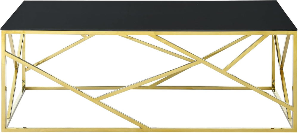 Modern Rectangular Coffee Accent Table with Black Tempered Glass Top and Stai...
