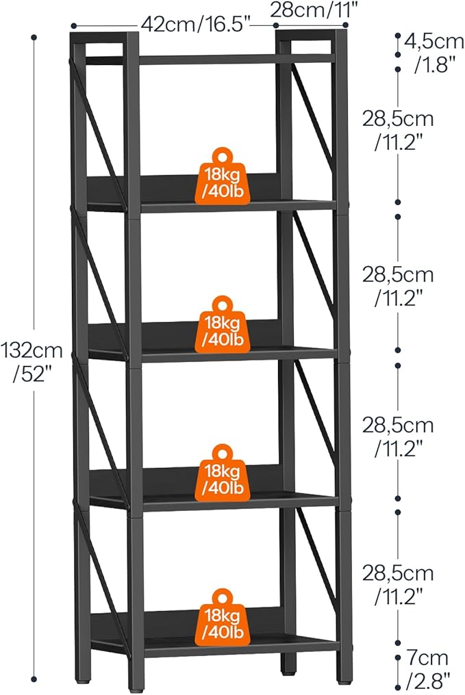HOOBRO Bookshelf, 5-Tier Industrial Bookcase, Book Shelf Storage Organizer, T...