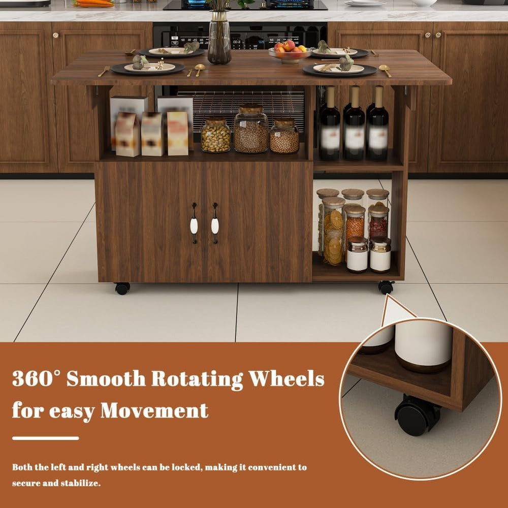 Folding Dining Table with Wheels, Drop Leaf Dinner Table with 2-Layer Storage...