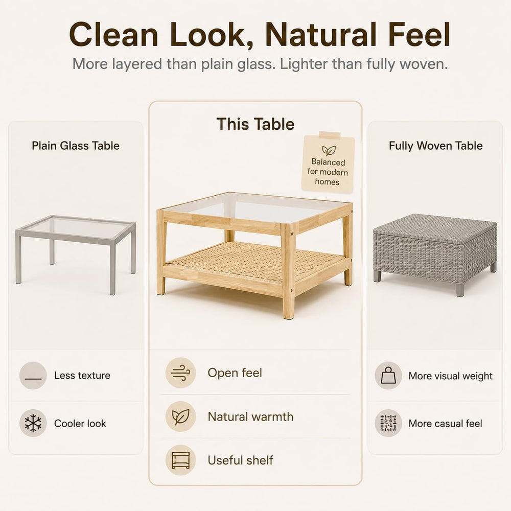 31.5" Square Tempered Glass Coffee Table, 2-Tier Woven Shelf, Wood