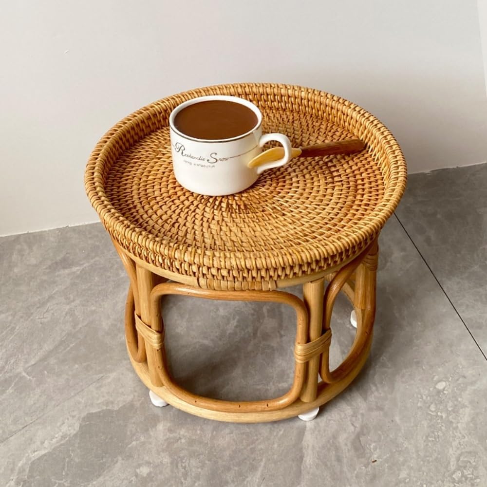 Bohemian Rattan Side Table, Round Wicker Accent Table, Small Bamboo End Table...