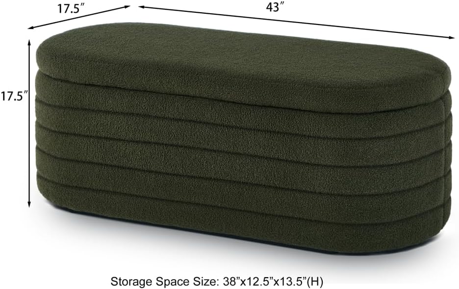 Modern Oval Storage Ottoman Bench, Upholstered Boucle Teddy Fabric End of Bed...