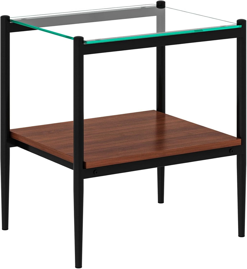 Modern Rectangle End Table Set of 2, Tempered Glass Tabletop with MDF Shelf, ...
