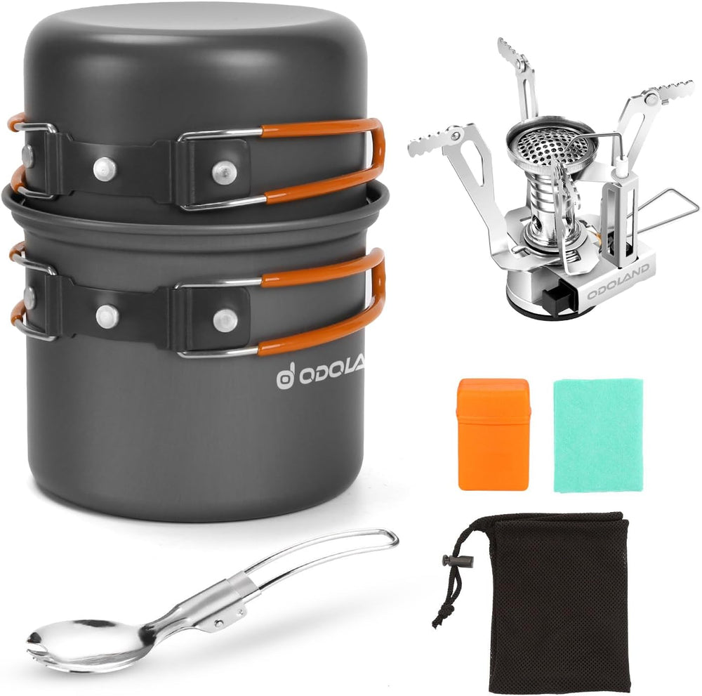 Odoland Camping Cookware Mess Kit, Lightweight Pot Stove Spork Set