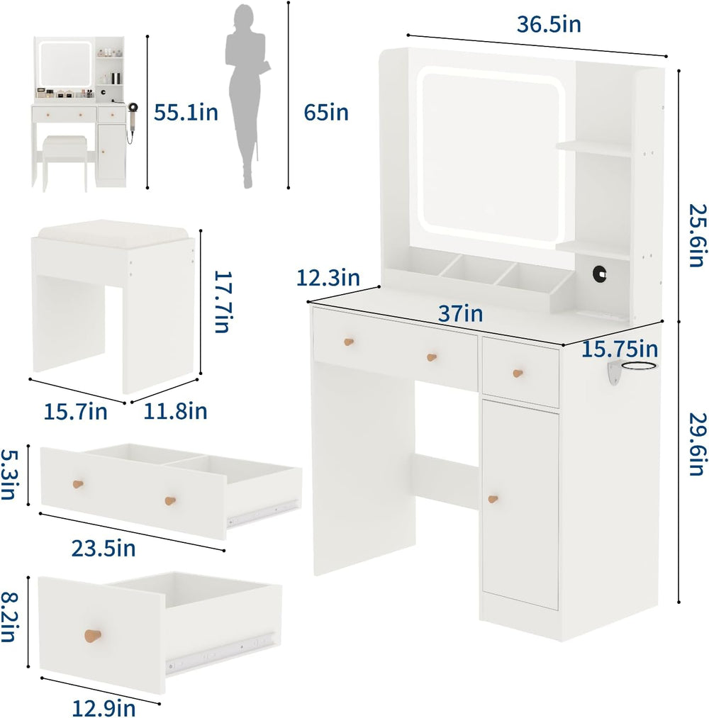 HaHarmoHaby Vanity Desk with Lighted Mirror, Makeup Vanity Table with 4 Drawe...