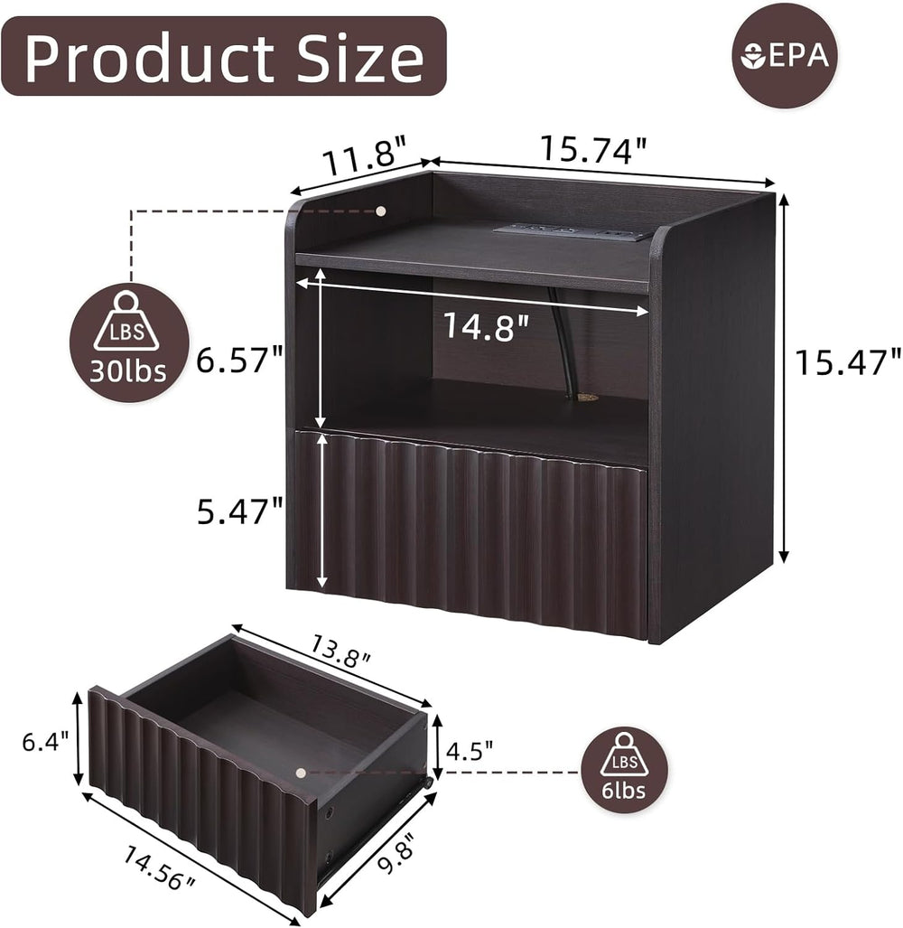 Modern Fluted Floating Nightstand Wall Mounted - Bedside Table with Storage D...