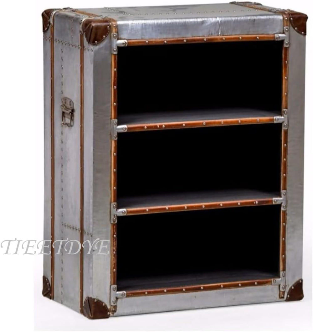 Aviator Side Table & Compact Bookcase with Aluminum Finish and Riveted De...