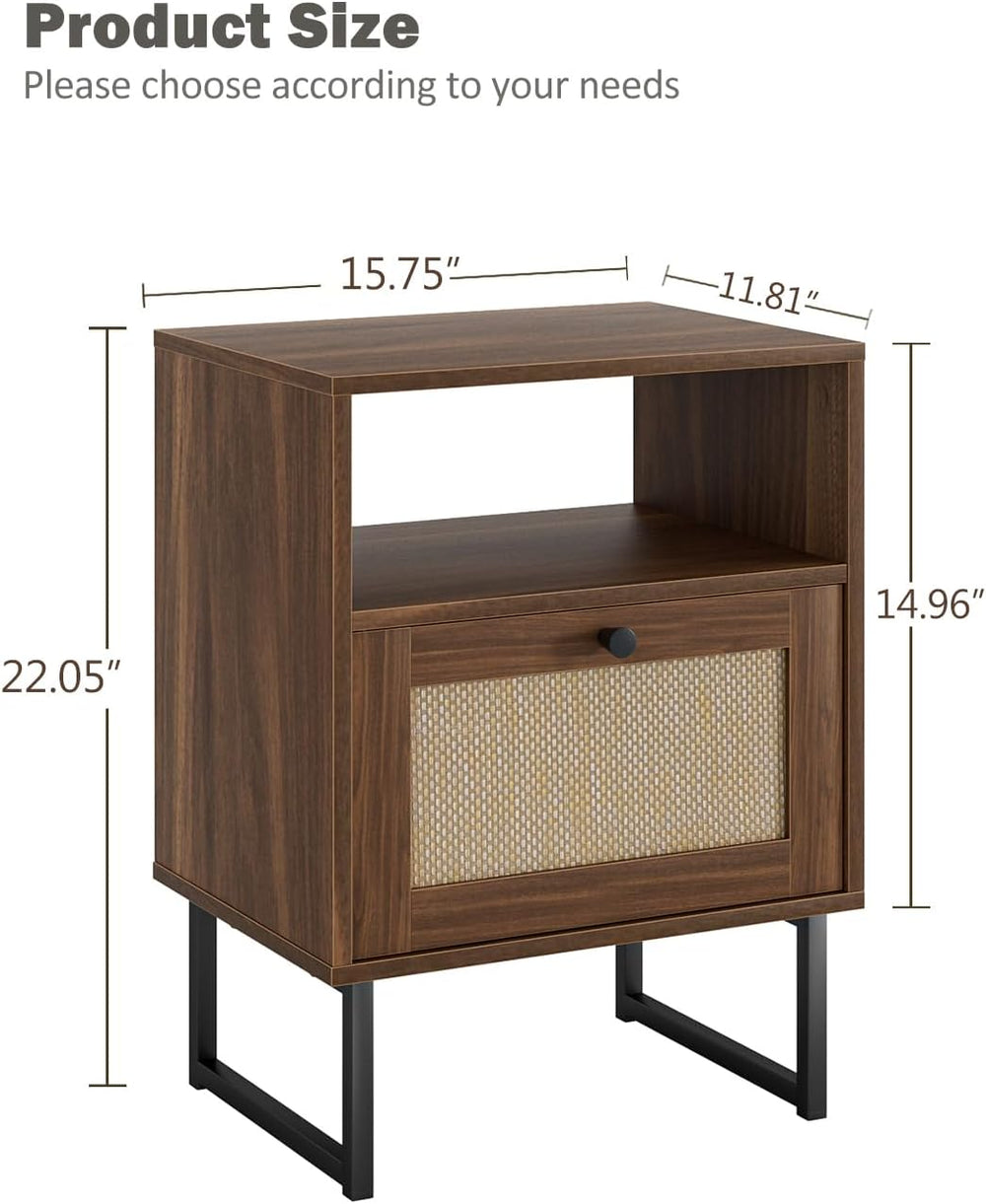 Rattan Nightstand, Boho Night Stand Farmhouse Wood Bedside Table with Storage...