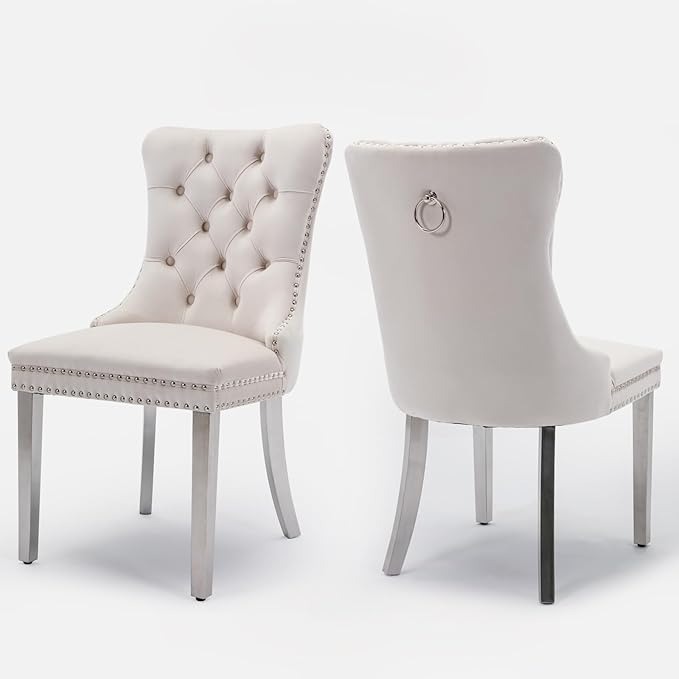 Velvet Upholstered Dining Chairs Set of 2, Modern Style Kitchen Side Chairs w...