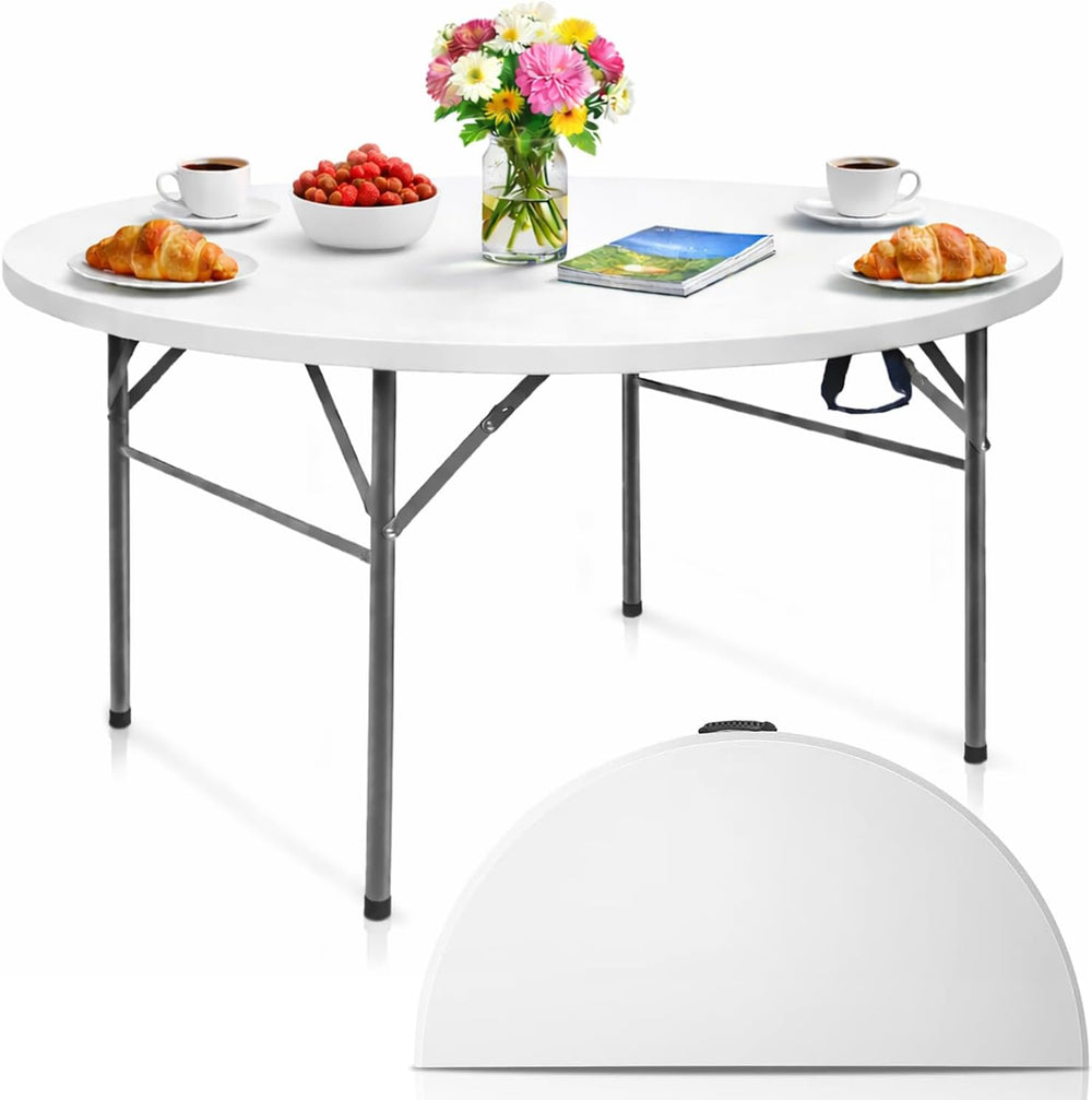 EconoHome 4 Ft Round Portable Folding Table – Heavy-Duty White Plastic, Seats...