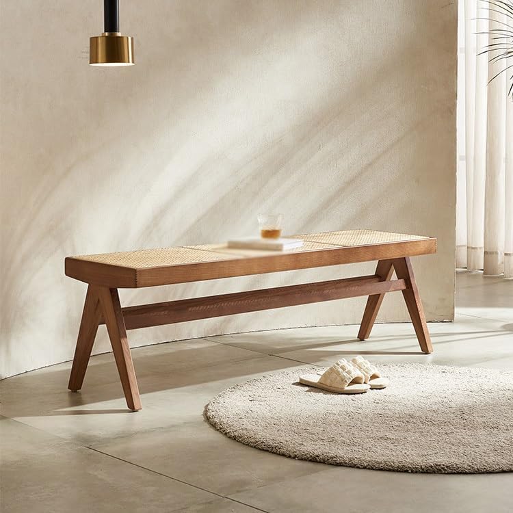 Entryway Stool Rattan Wooden Shoe Bench Bedroom Bedside Bench Wabi-sabi Style...