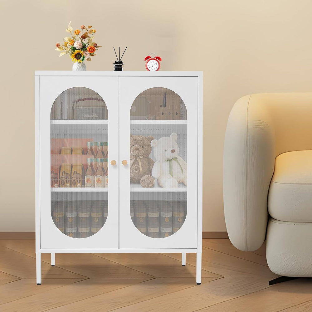 Accent Cabinet with Glass Doors – 3 Tier Storage, Modern Coffee Bar Station P...