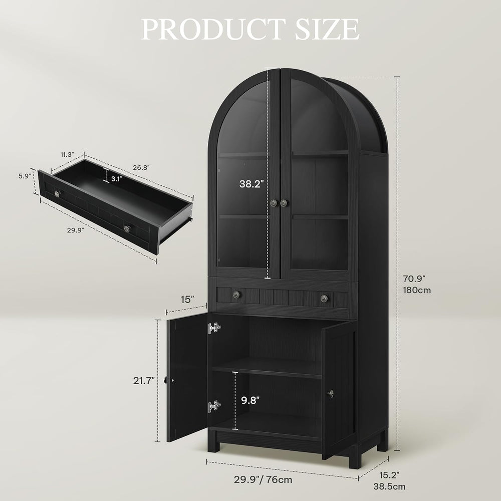 YITAHOME 71" Arched Pantry Cabinet with Glass Door, Shelves & Drawer...