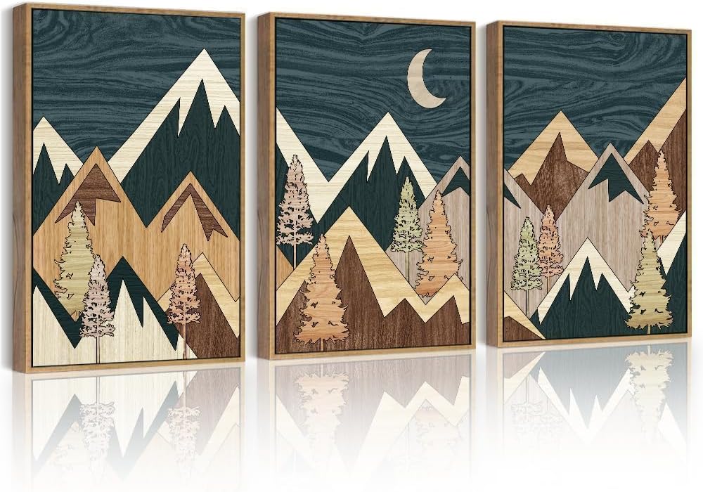PHOPAGO Morden Mountains Framed Wall Art Boho Woodcut Pine Tree Forest Nature...