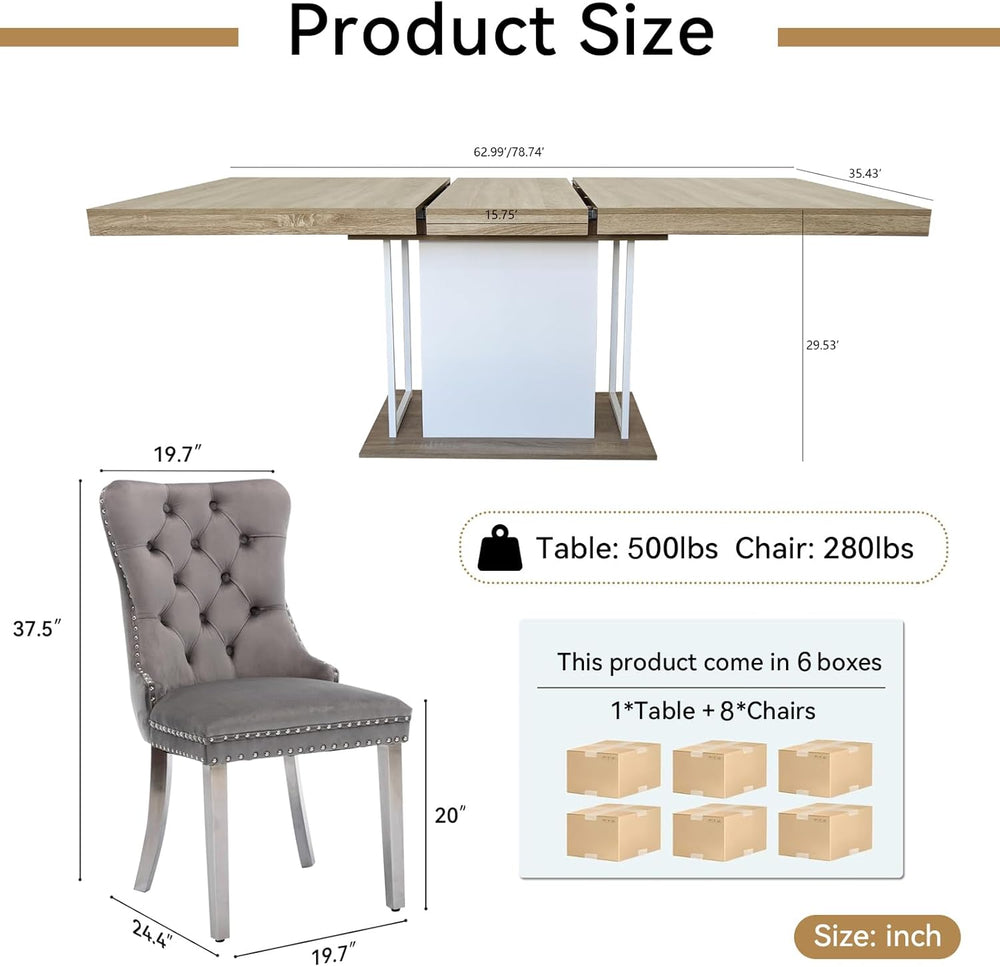 78.7" Farmhouse Extendable Dining Room Table Set for 8, 9-Piece Rectangl...