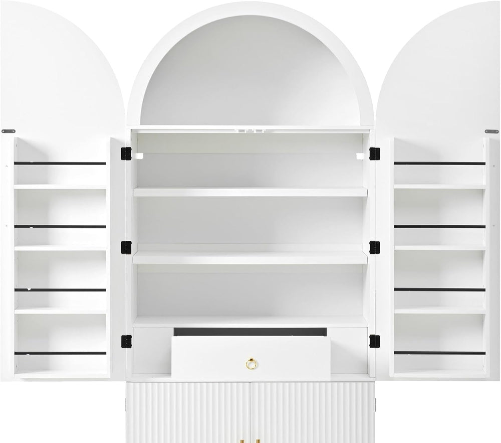 72" Tall Arched Kitchen Pantry Cabinet, Fluted Freestanding Storage Cupb...