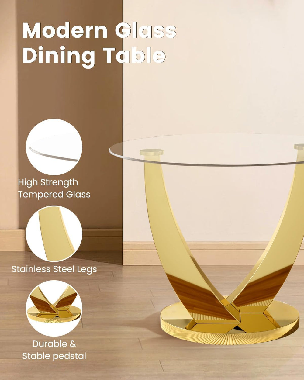 38.9" Round Glass Dining Table for 2-4, Modern Dining Room Table with Te...