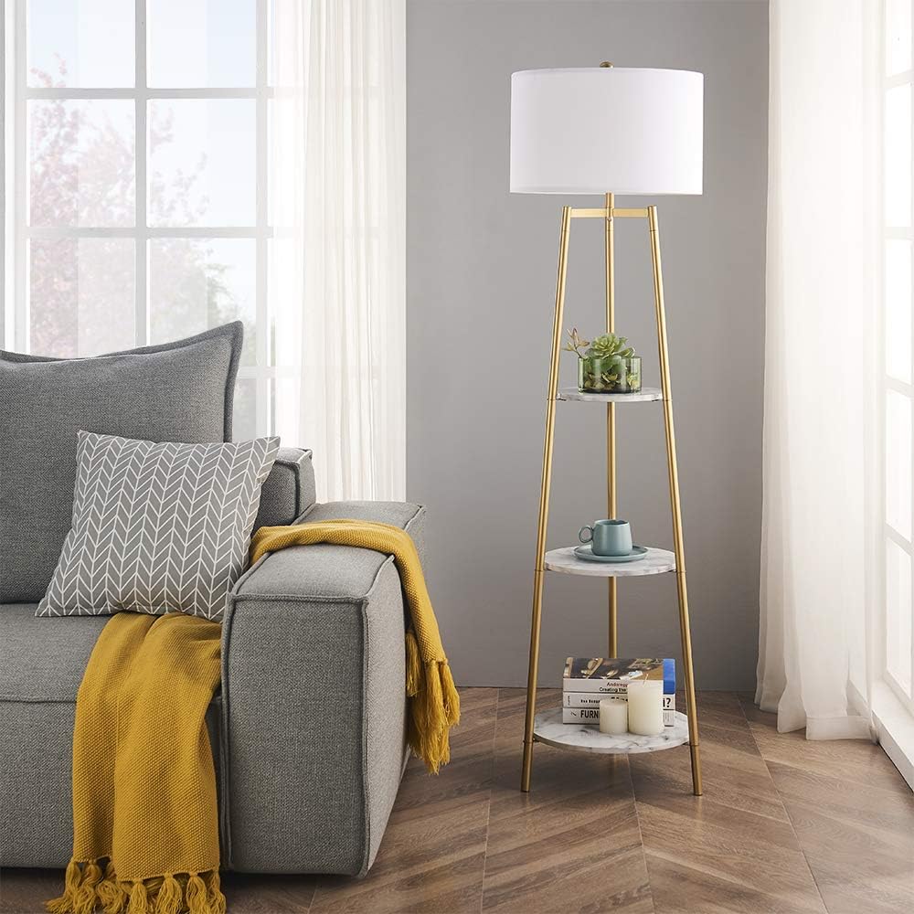 ROSEN GARDEN Floor Lamp, Standing Reading Light with Faux Marble Shelves and ...