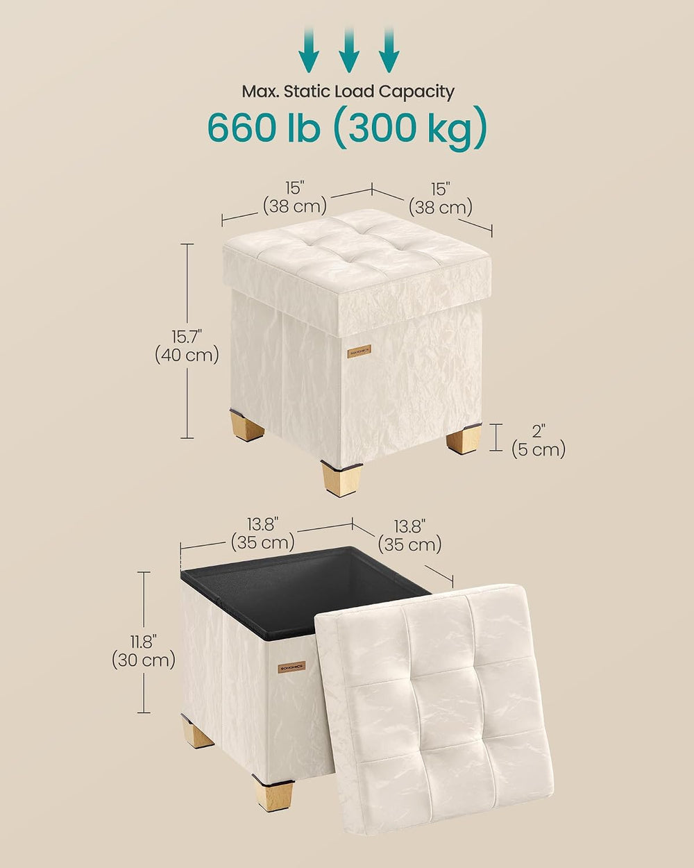 SONGMICS Storage Ottoman, Textured PU Leather Footstool with Legs, Footrest w...