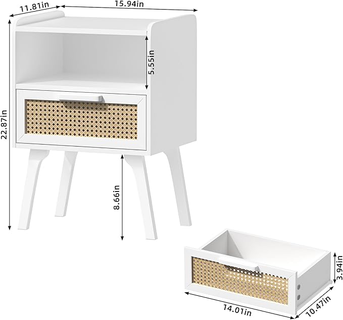 Lerliuo Rattan Nightstands Set of 2, Bedside Table with Drawer Open Shelf, Ca...