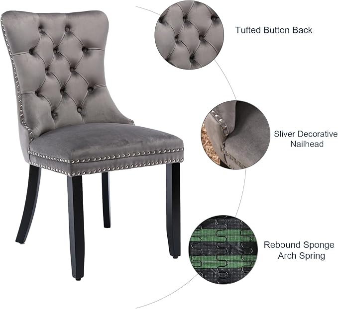 Grey Velvet Dining Chairs Set of 2, Tufted Upholstered Dining Room Chairs wit...