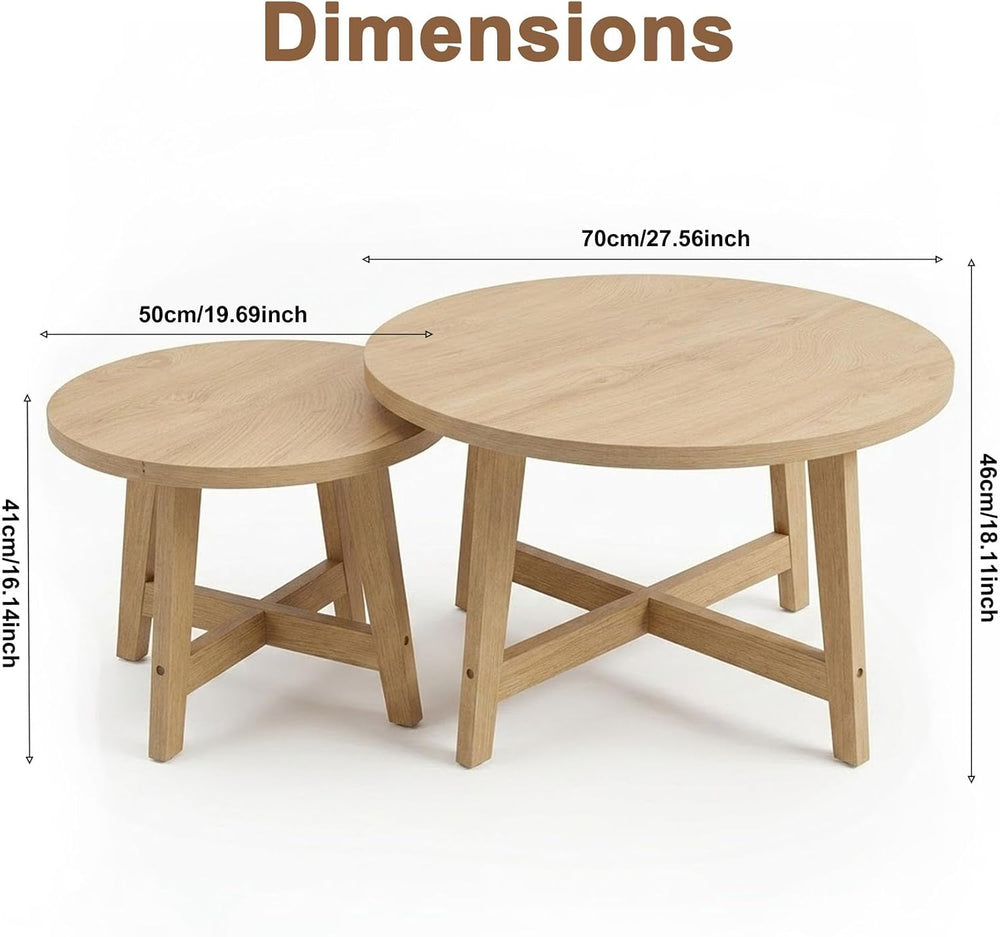 Round Nesting Tables Set of 2, Modern Coffee Table for Living Room (Natural)