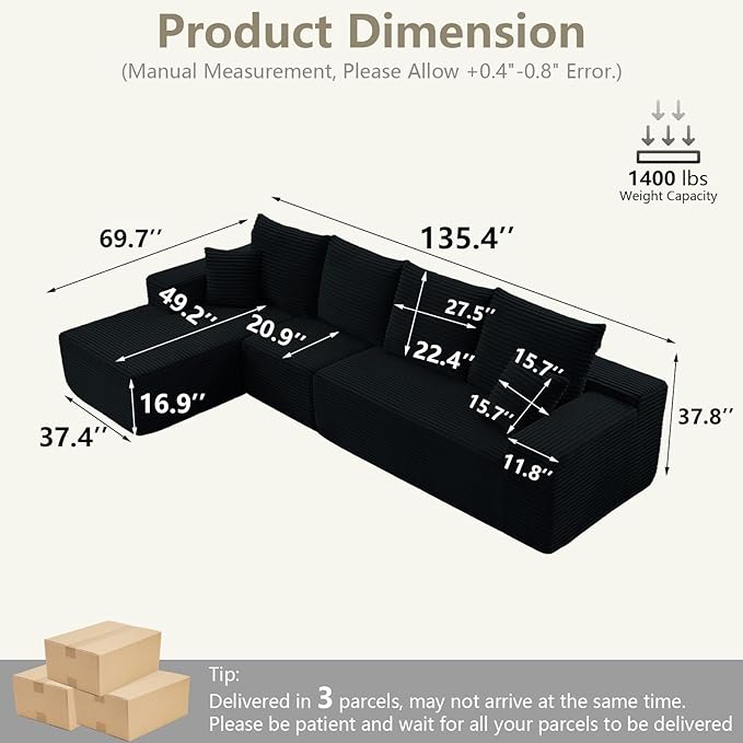 135" Modular Sectional Couches for Living Room, Comfy L Shaped Cloud Cou...