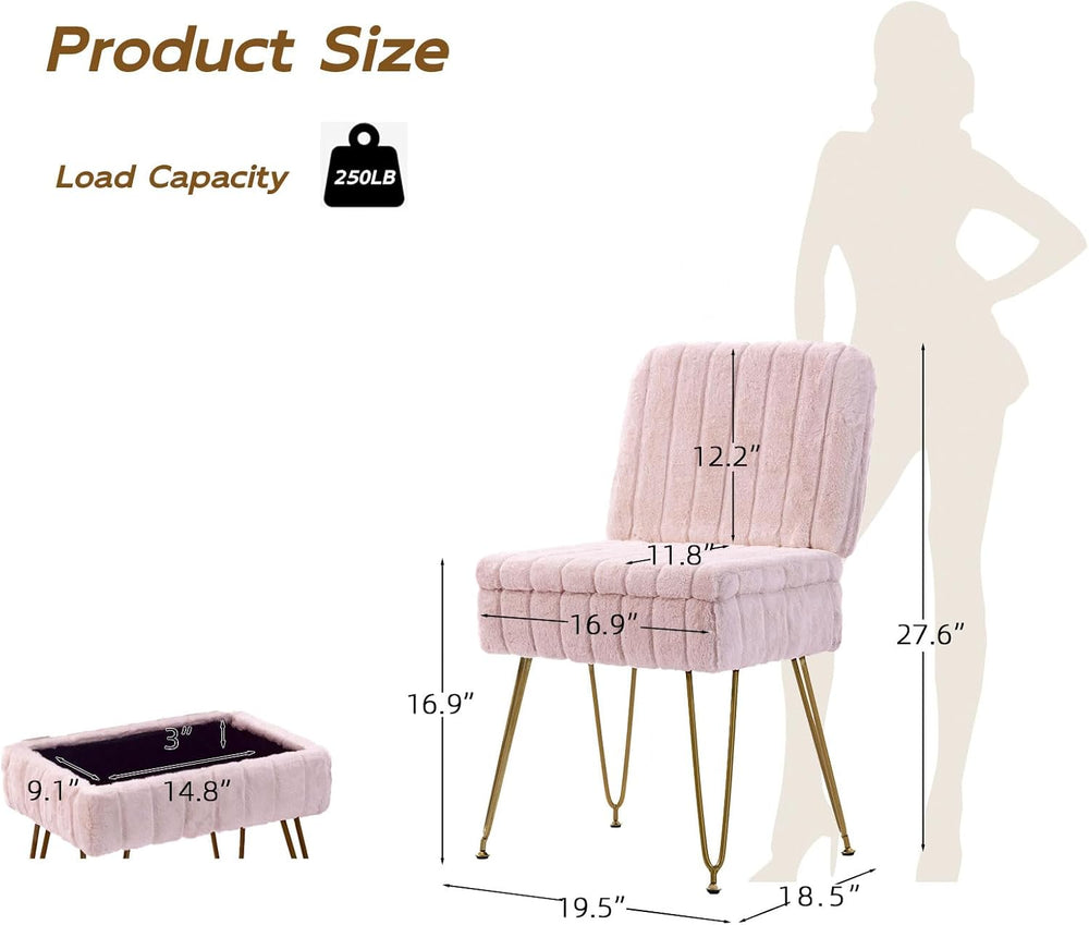 Vanity Chair with Storage | Comfy Ottoman with Folding Back | Faux Fur Vanity...