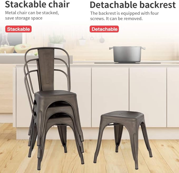 FDW | Set of 4 Metal Dining Chairs | Bronze | Stackable Tolix Side Chairs wit...