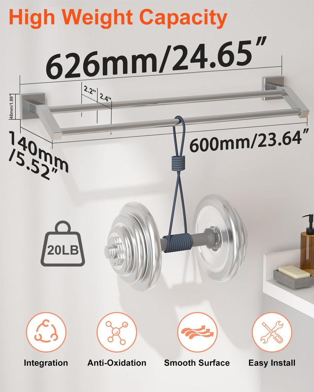 Alise Double Bath Towel Bar, 24" Towel Racks for Bathroom, Brushed Nickel
