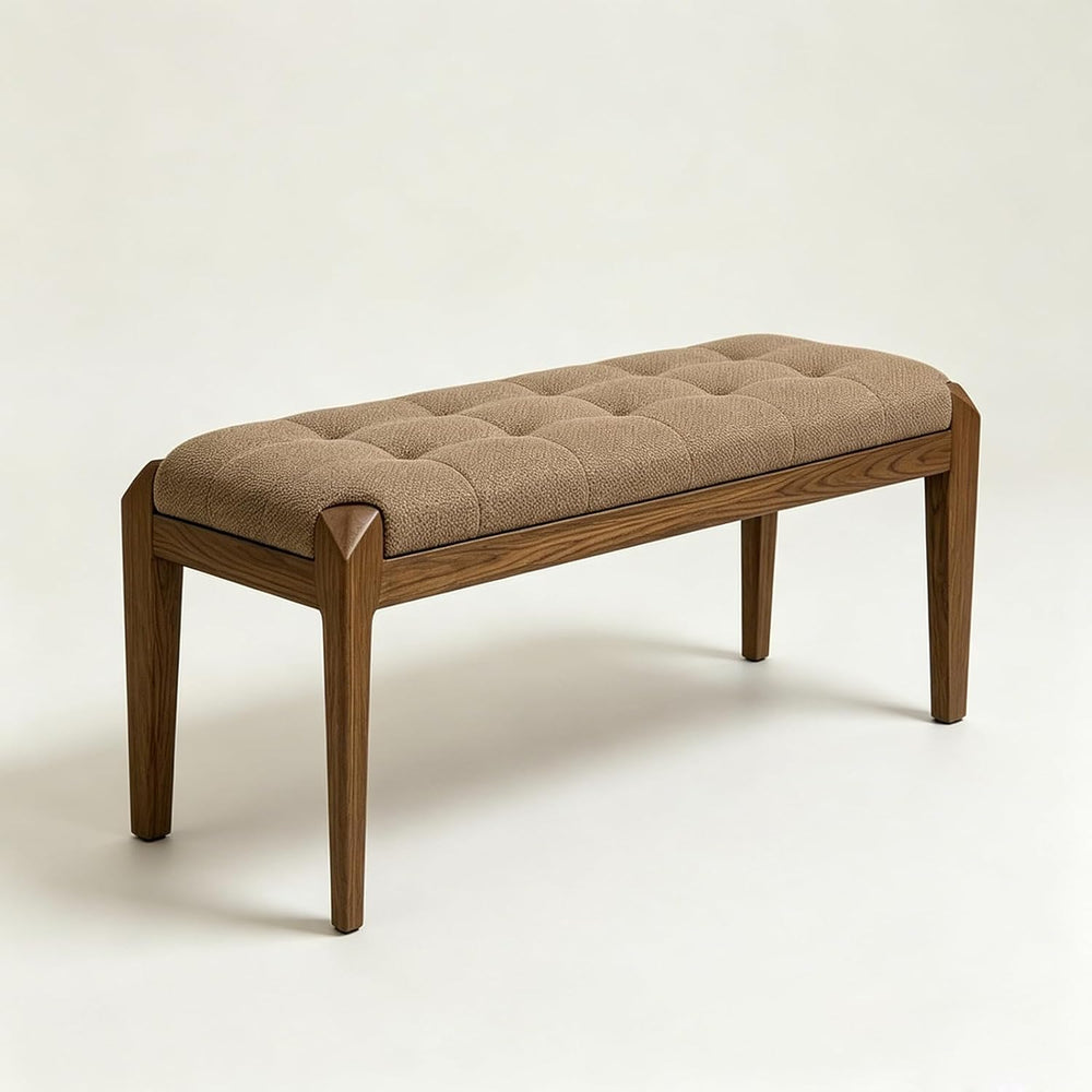 Lartis Solid Wood Dining Bench, Grid Quilted Button Tufted Cotton Linen Uphol...