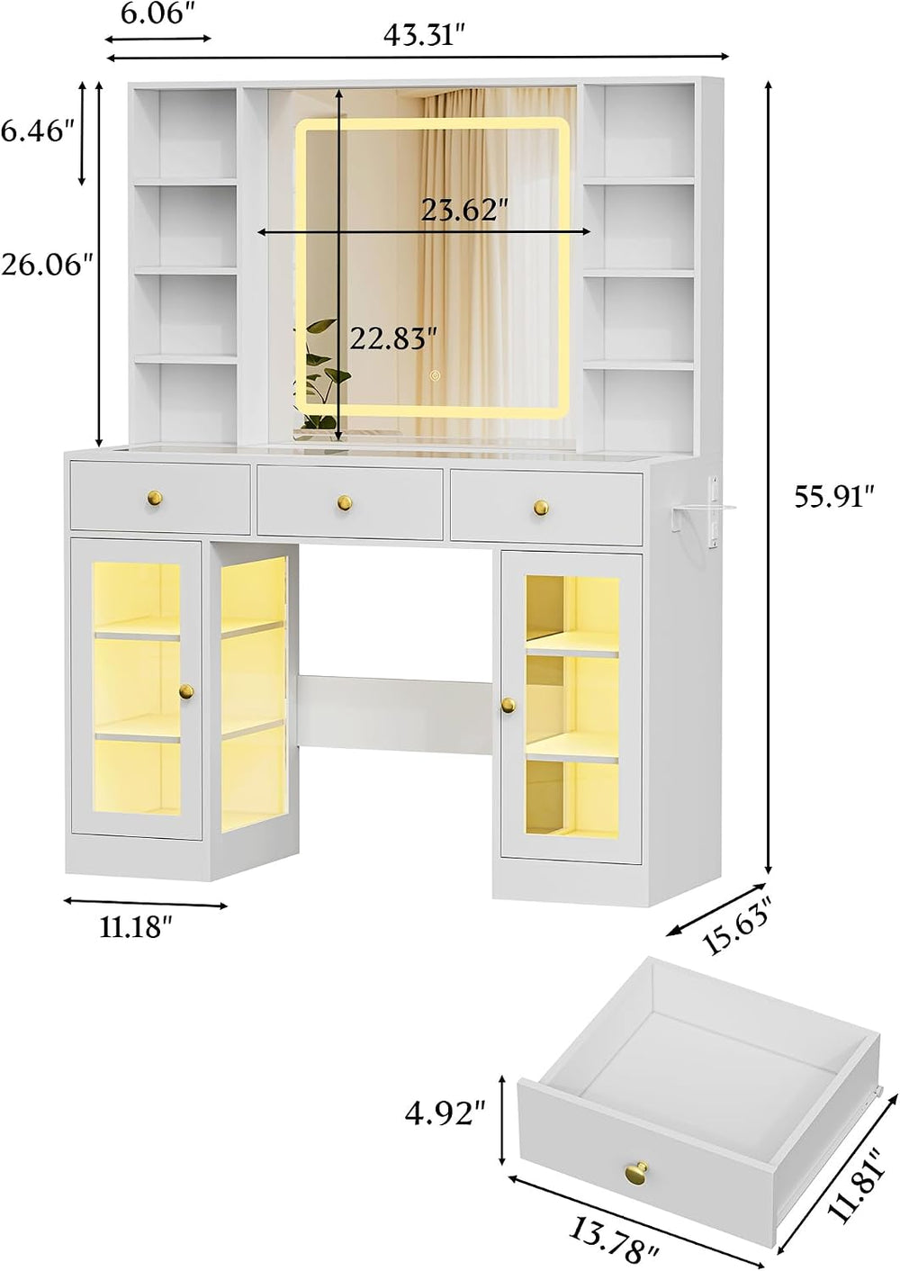 Makeup Vanity Desk with Mirror and Lights, 43" White Vanity with Glass T...