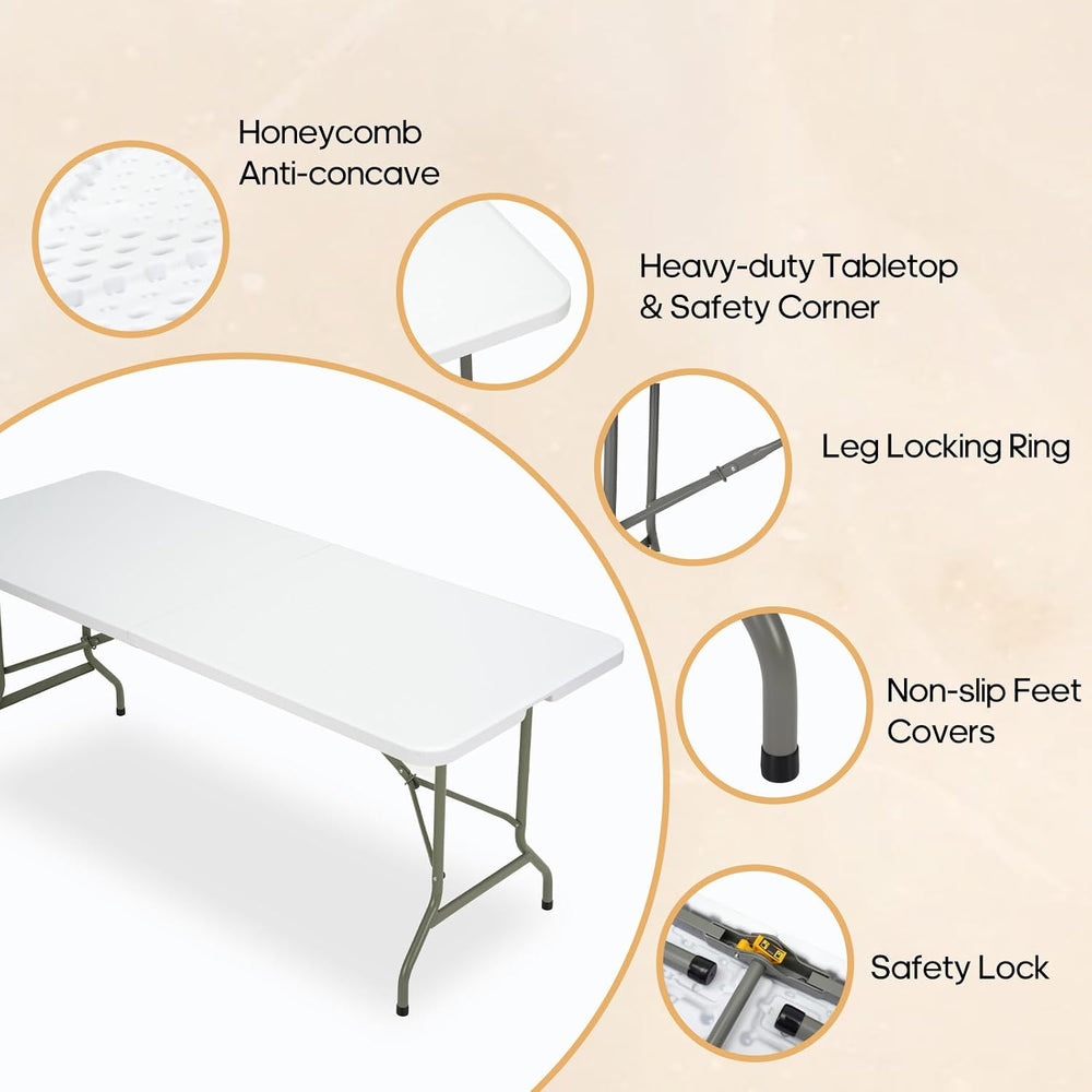 Folding Table 6ft, Heavy-Duty 500lbs Weight Capacity Foldable Table with HDPE...