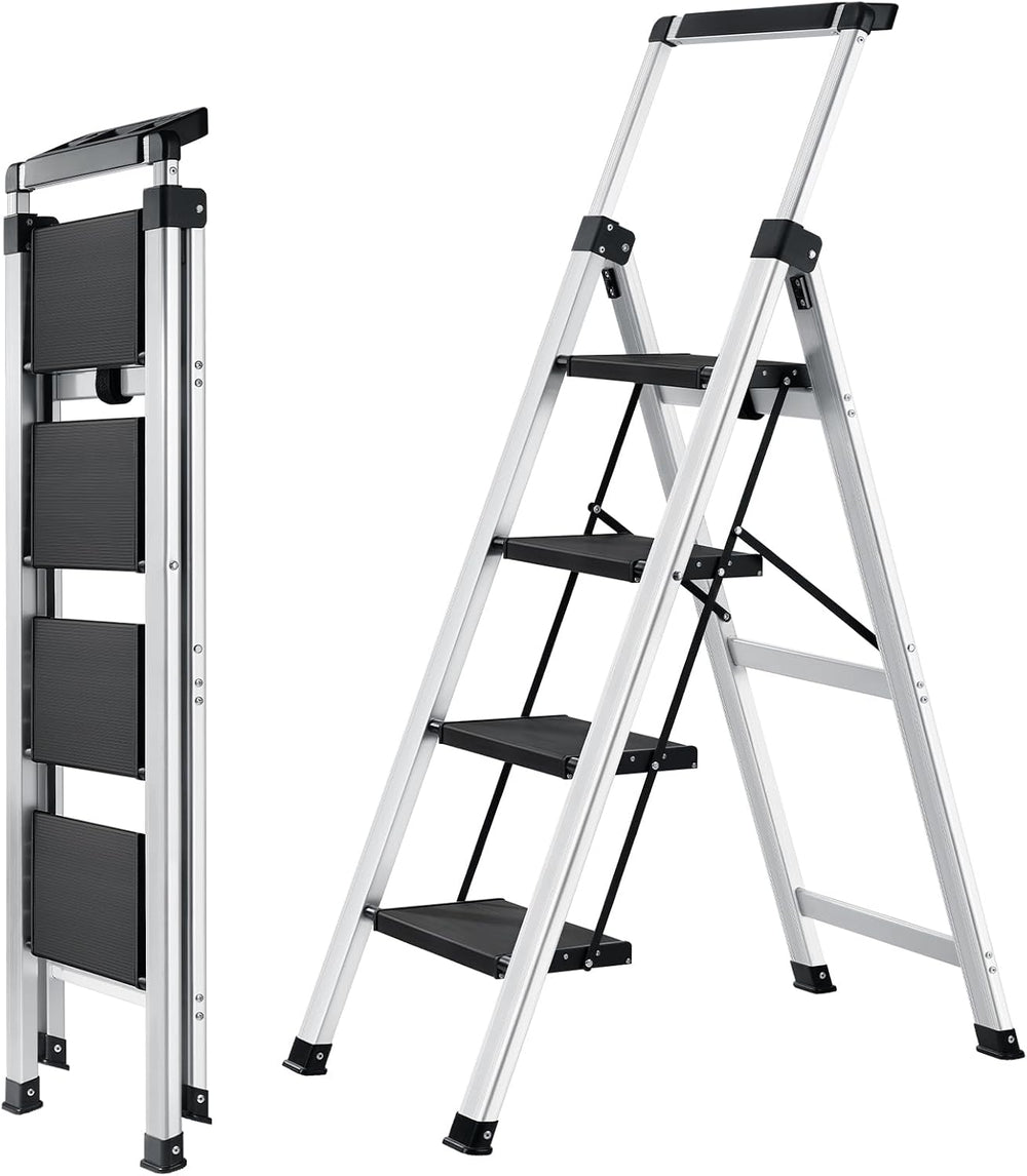 4 Step Ladder Folding Aluminum Stool Retractable Handrail