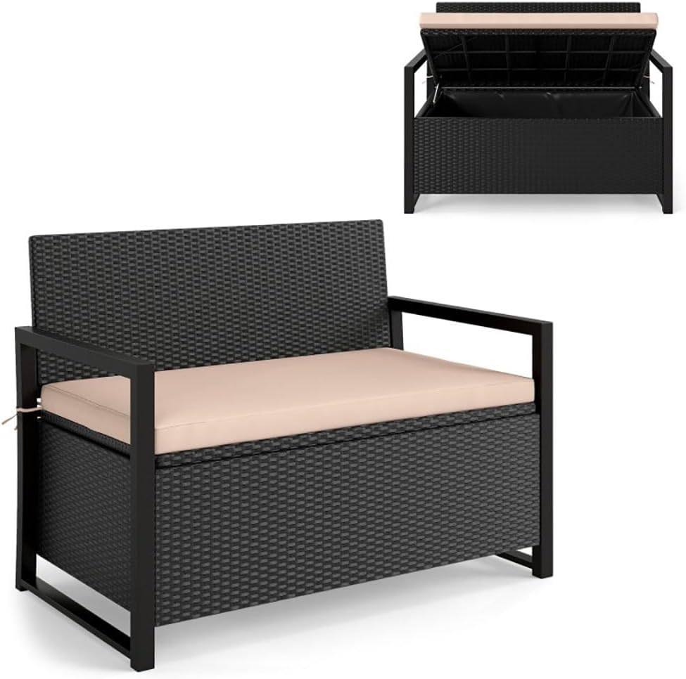 PE Rattan Outdoor Storage Loveseat Brown UV-Resistant Woven Rattan Pattern, 4...