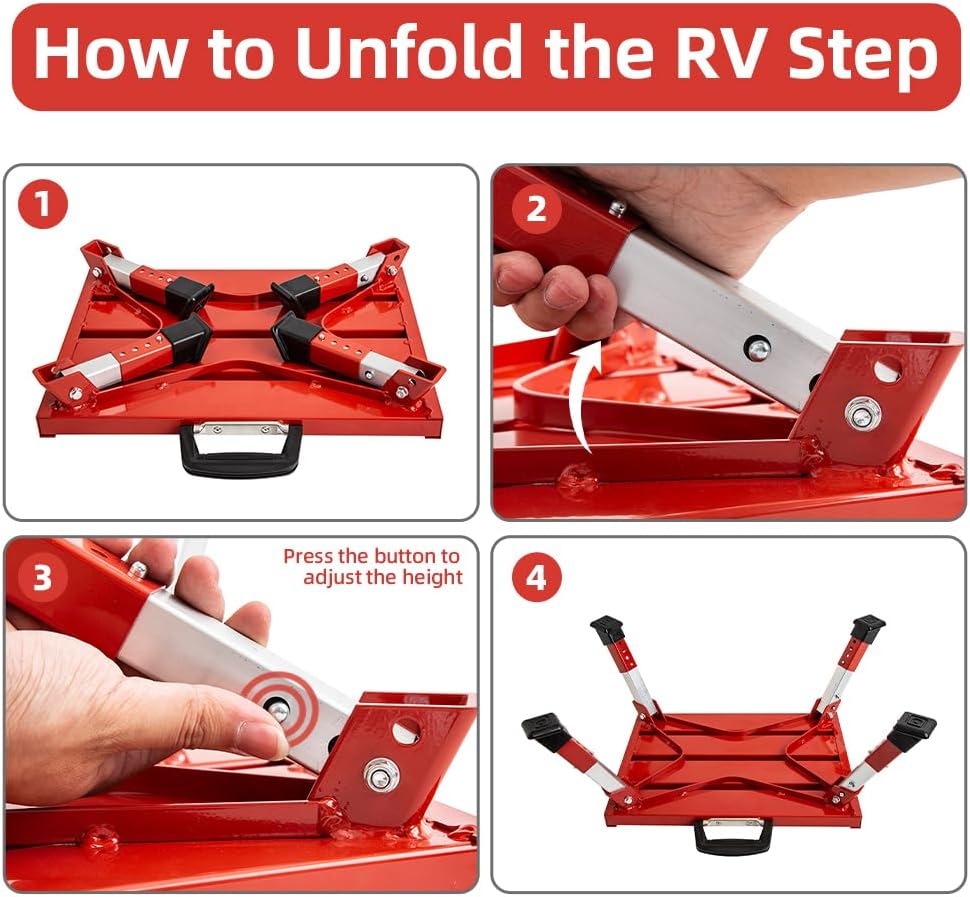 Homeon Wheels Adjustable RV Step Stool, Folding Aluminum Platform, Red