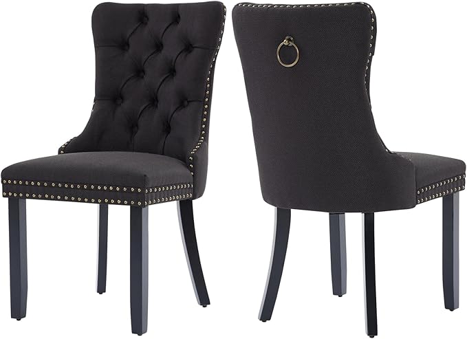 Black Dining Chairs Set of 2, Upholstered Tufted Linen Fabric Dining Room Cha...